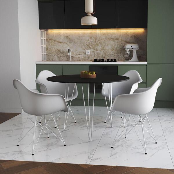 Mesa Jantar Redonda 110cm Preta Clips 3 Pés Com 4 Poltronas B