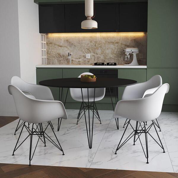 Mesa Jantar Redonda 110cm Preta Clips 3 Pés Com 5 Poltronas B