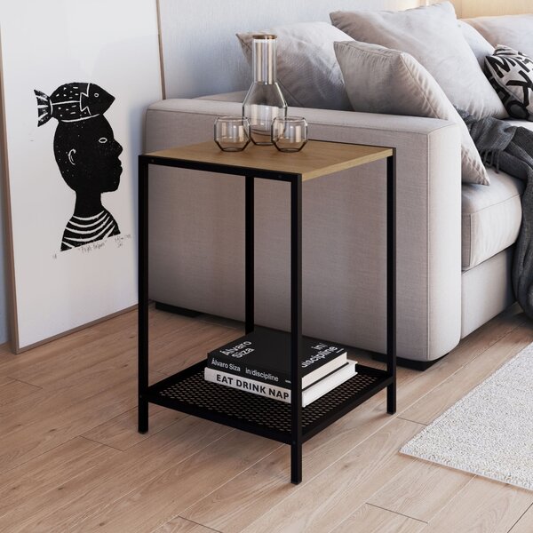 Mesa Lateral Auxiliar Industrial Retrô Quadrada 1 Prateleira