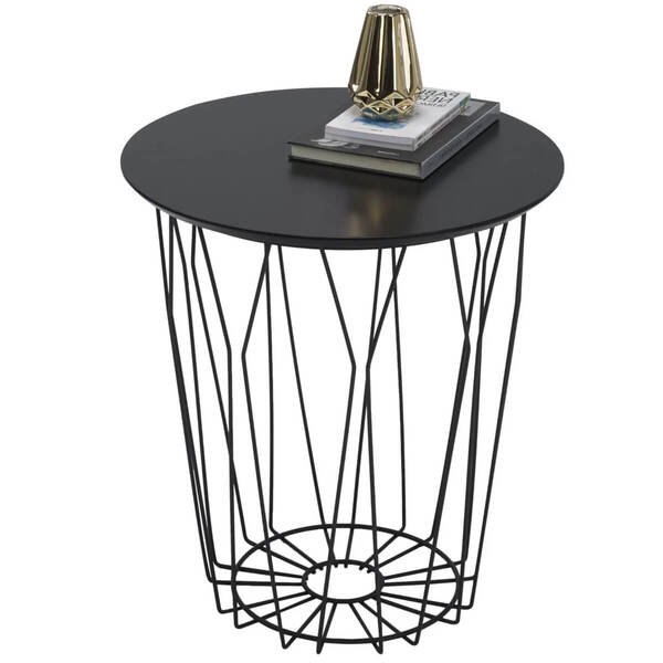 Mesa Lateral Cesto Aramado Redondo Grafite Com Tampo Preto