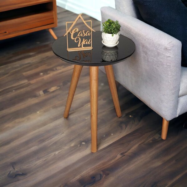 Mesa Lateral Com Vidro 50x40cm Pés Palito  Preta Com Vidro