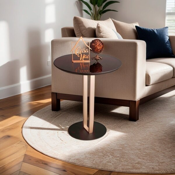 Mesa Lateral Com Vidro Aço Carbono Preto / Champagne