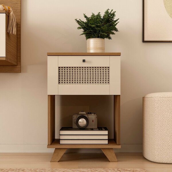 Mesa Lateral De Apoio 1 Gaveta Com Pintura Palha Trama Cinamo