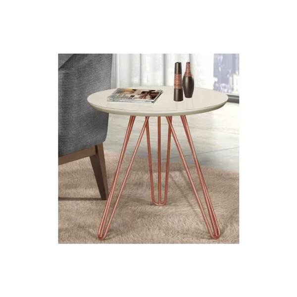 Mesa Lateral De Canto Redonda Mdf Pés De Ferro Un.  Off White