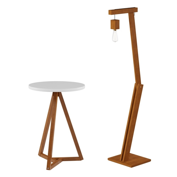 Mesa Lateral Graham Branco Amêndoa Com Luminária Retrô