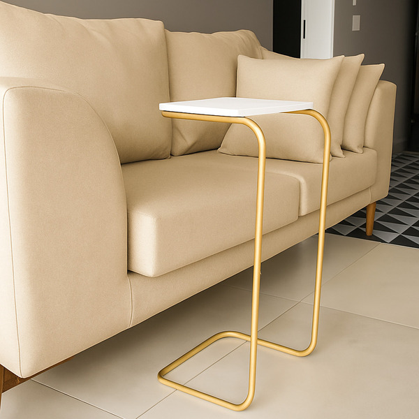 Mesa Lateral Multiuso Tampo Branco Base Dourada Para Sofá J01