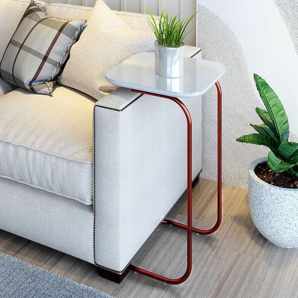 Mesa Lateral Quadrada Com Tampo De Vidro Roma Off White E Ros