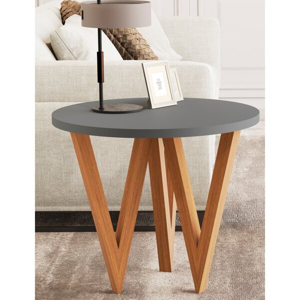 Mesa Lateral Redonda Com Pés Em Madeira 8038 Ônix