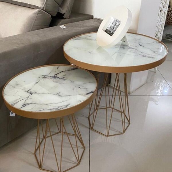 Mesa Lateral Redonda Trama Vidro/mdf Dourado