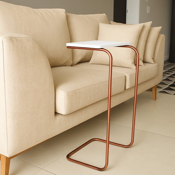 Mesa Lateral Tampo Branco Multi-uso Para Sofa Base Bronze J01