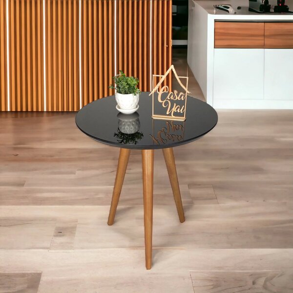 Mesa Lateral Tampo Com Vidro 60x50cm Pés Palito  Preta Com Vi