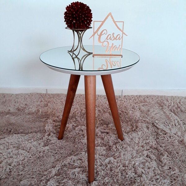 Mesa Lateral Tampo Espelhado 50x40cm Pés Palito  Off White Co