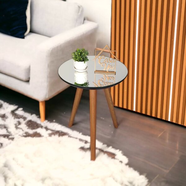 Mesa Lateral Tampo Espelhado 50x40cm Pés Palito  Preta Com Es