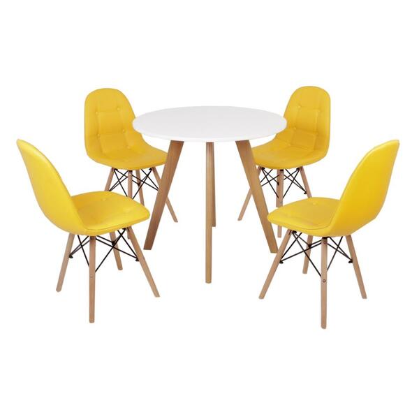 Mesa Laura 80cm Branca + 4 Cadeiras Eiffel Botonê - Amarela