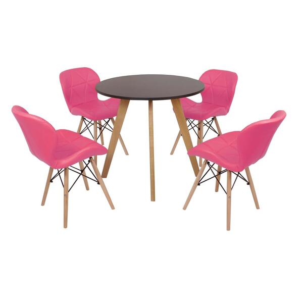 Mesa Laura 80cm Preta + 4 Cadeiras Eiffel Slim - Rosa