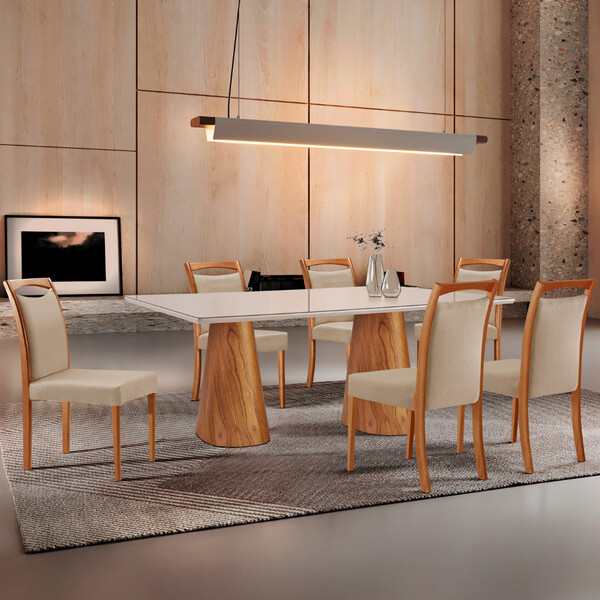 Mesa Noronha 180cm Tampo Laqueado Com Vidro E 6 Cadeiras Muni