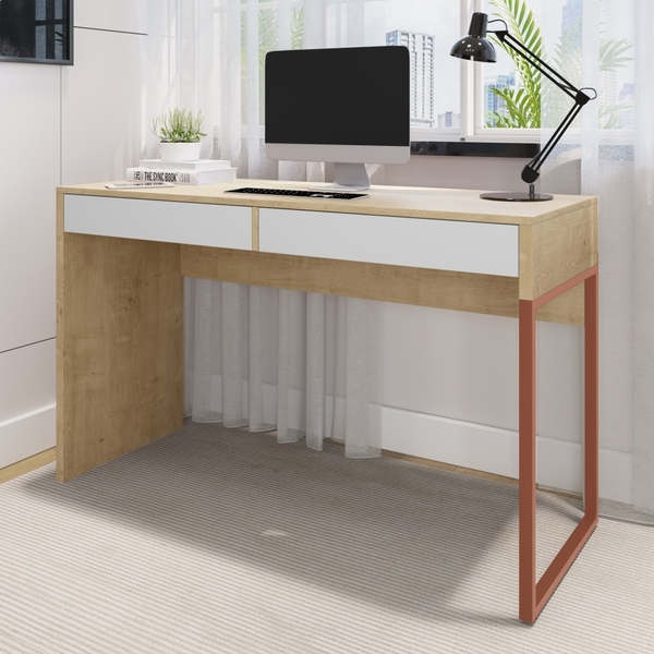 Mesa Office Nila 1.2 Com Gavetas Natura Branco E Cobre
