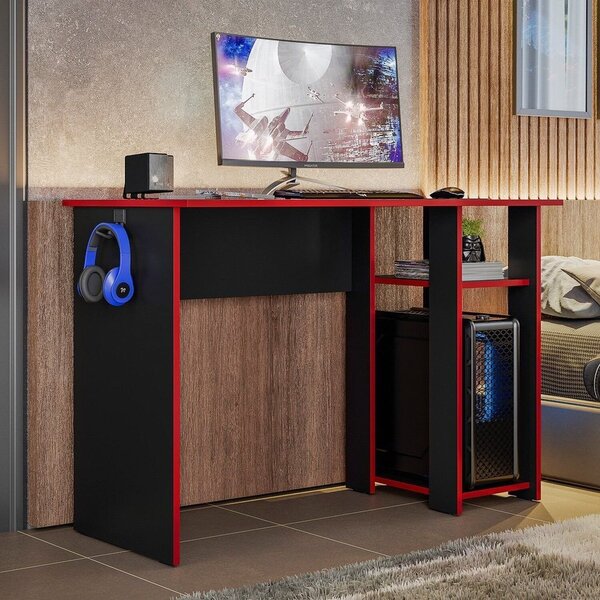 Mesa Para Computador Gamer Slim Escrivaninha 108cm Preto E Ve