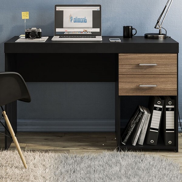 Mesa Para Computador Malta 2 Gavetas Preto/castanho  - Polito