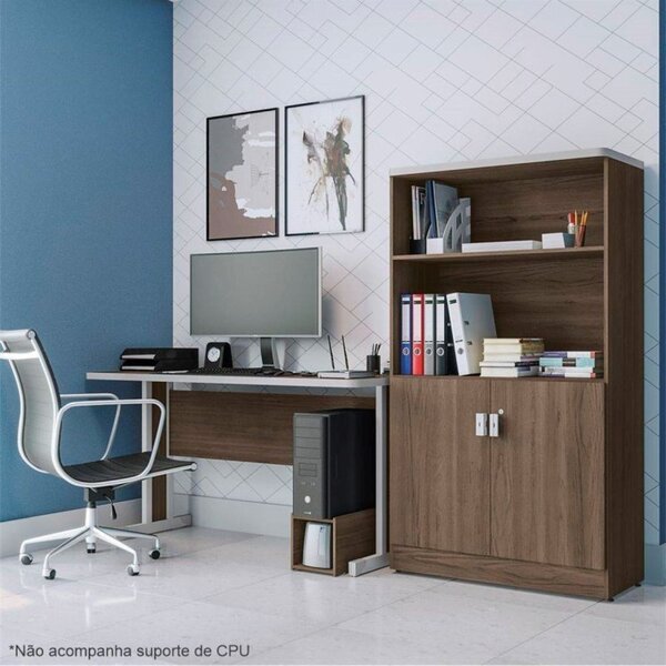 Mesa Para Escritório 120cm Secretária Com Armário Alto 2 Port