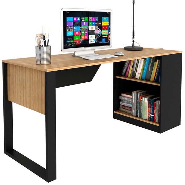 Mesa Para Escritório Com Armário Lateral 160 Cm Amêndoa/preto
