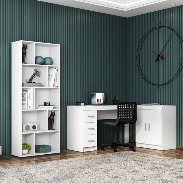 Mesa Para Escritório Em L 2 Portas E 3 Gavetas Com Estante Mo