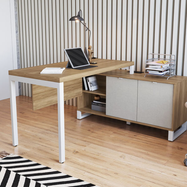 Mesa Para Escritório Industrial Em L Com 2 Portas - Nogal/cin