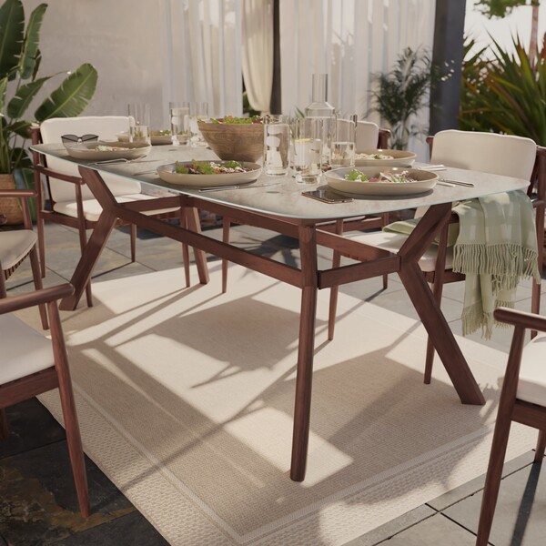 Mesa para Jardim Retro 6 Lugares Retangular 2x1mx74cm Alumínio com Tampo de Vidro Efeito Madeira Marrom Naterial