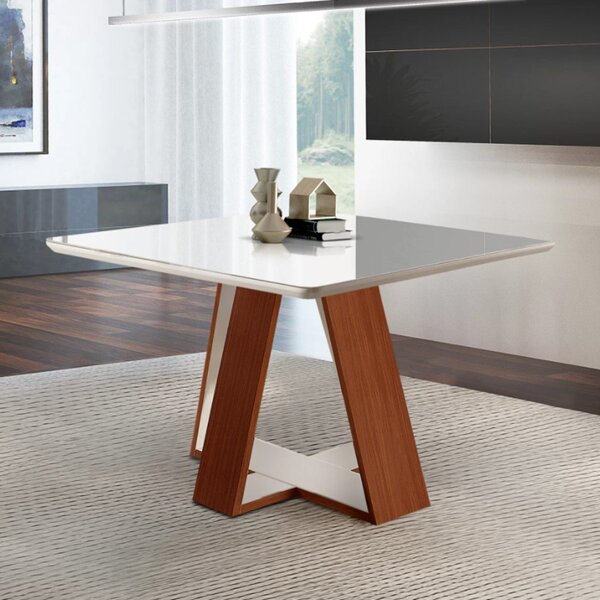 Mesa Quadrada 4 Lugares Tampo Com Vidro/laca Grécia  Castanho