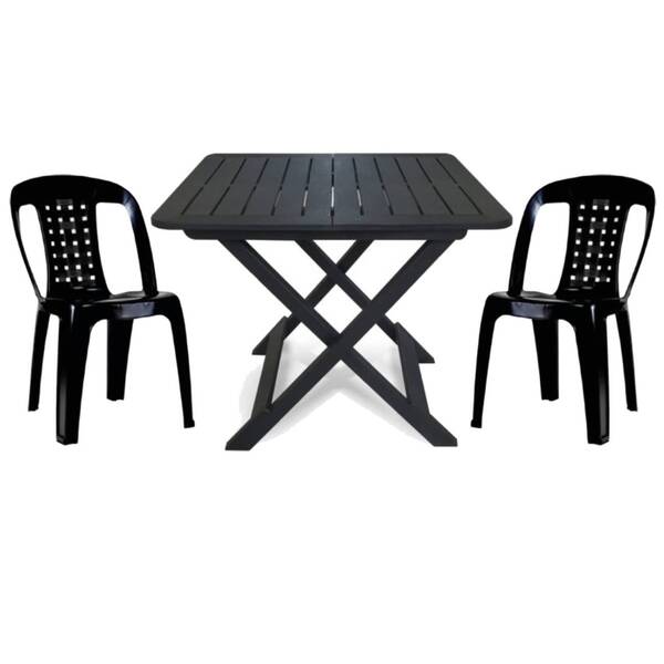 Mesa Quadrada Dobrável 80cm Preta + 2 Cadeiras Com Encosto Vi