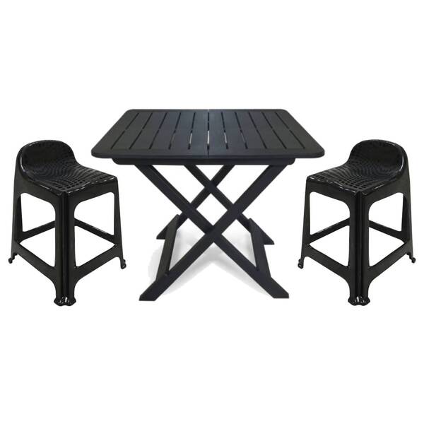 Mesa Quadrada Dobrável 80x72cm Preta + 2 Banquetas Com Encosto