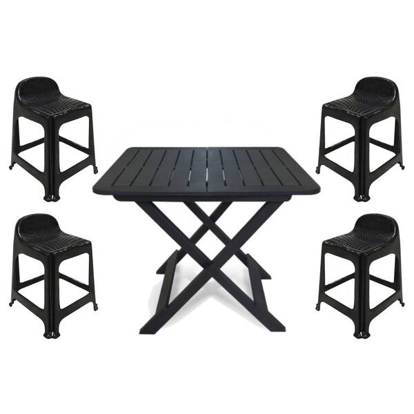 Mesa Quadrada Dobrável 80x72cm Preta + 4 Banquetas Com Encosto