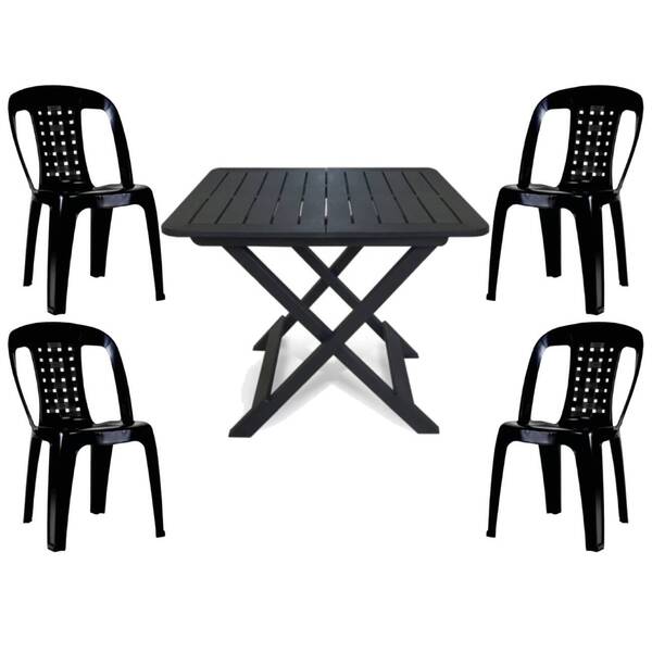 Mesa Quadrada Dobrável 80x72cm Preta + 4 Cadeiras Vime Empilh