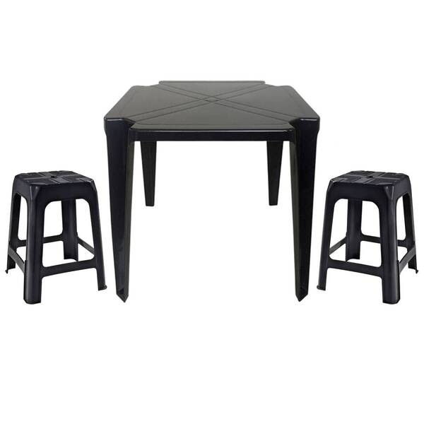 Mesa Quadrada Plástico Monobloco 70cm Preta + 2 Banquetas Emp