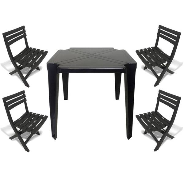 Mesa Quadrada Plástico Monobloco 70cm Preta + 4 Cadeiras Dobr