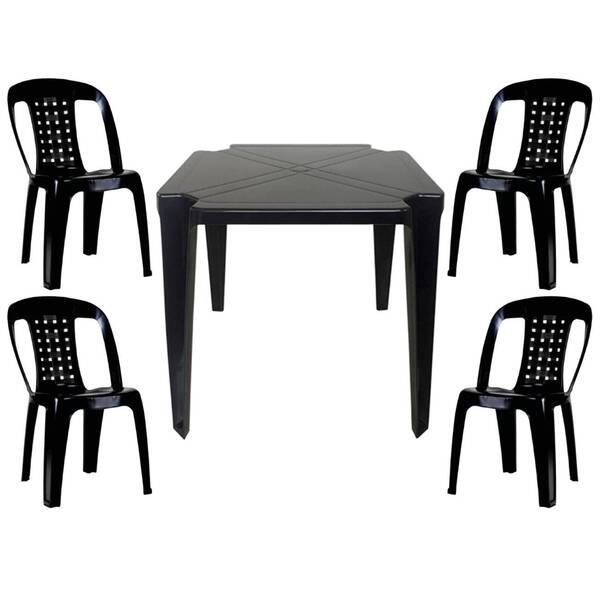 Mesa Quadrada Plástico Monobloco 70cm Preta + 4 Cadeiras Vime