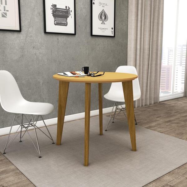 Mesa Redonda 85cm Com Pés Em Madeira Maciça - Amarelo