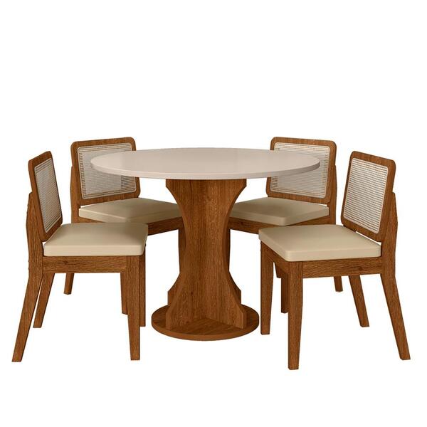 Mesa Redonda C/4 Cadeiras Sextavada Cali Freijó/off/corino Be