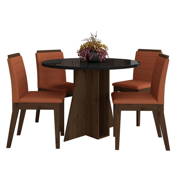 Mesa Redonda Com Vidro 4 Cadeiras Bélgica Imbuia/preto/terrac