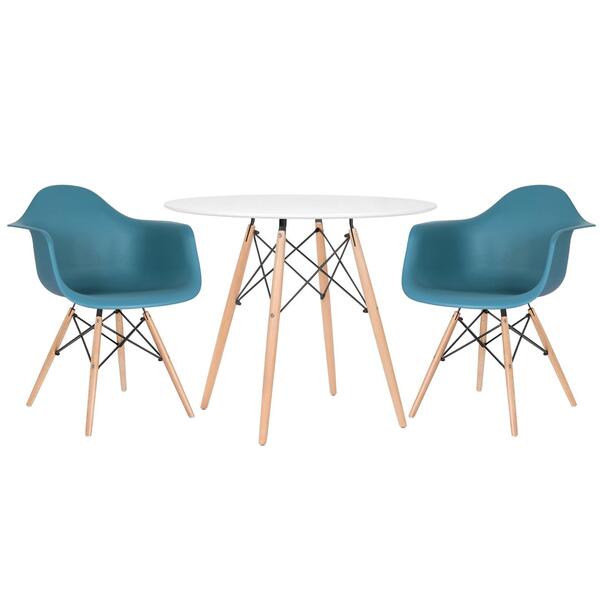Mesa Redonda Eames 90 Cm Branco + 2 Cadeiras Eiffel Daw Turqu