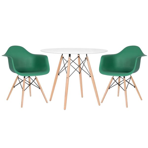 Mesa Redonda Eames 90 Cm Branco + 2 Cadeiras Eiffel Daw Verde