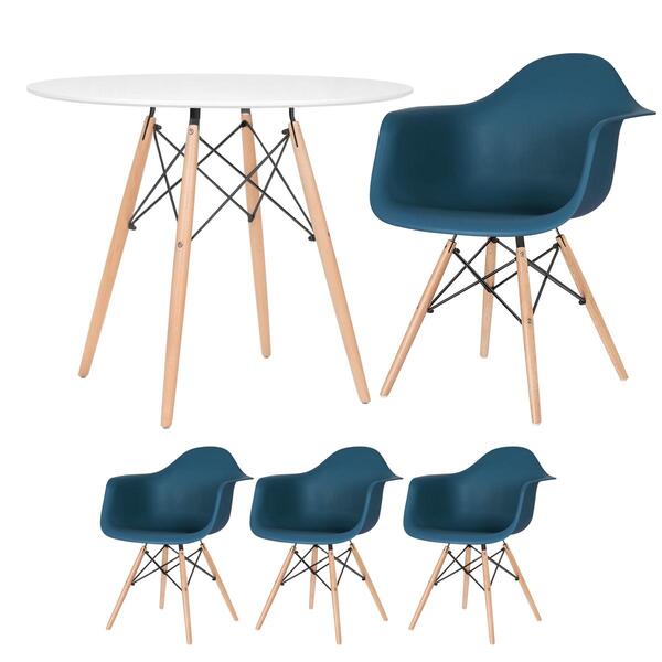 Mesa Redonda Eames 90 Cm Branco + 3 Cadeiras Eiffel Daw Azul