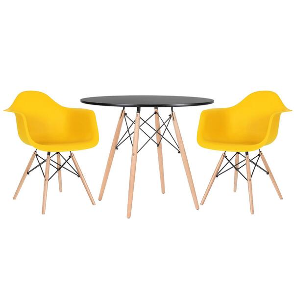Mesa Redonda Eames 90 Cm Preto + 2 Cadeiras Eiffel Daw Amarelo