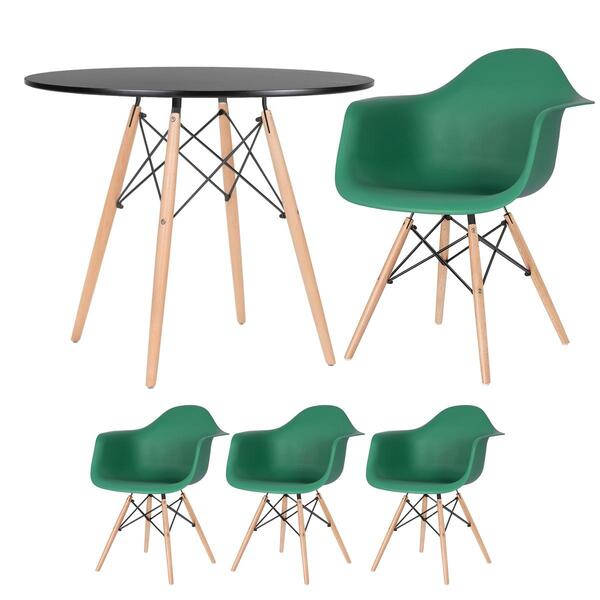 Mesa Redonda Eames 90 Cm Preto + 3 Cadeiras Eiffel Daw Verde