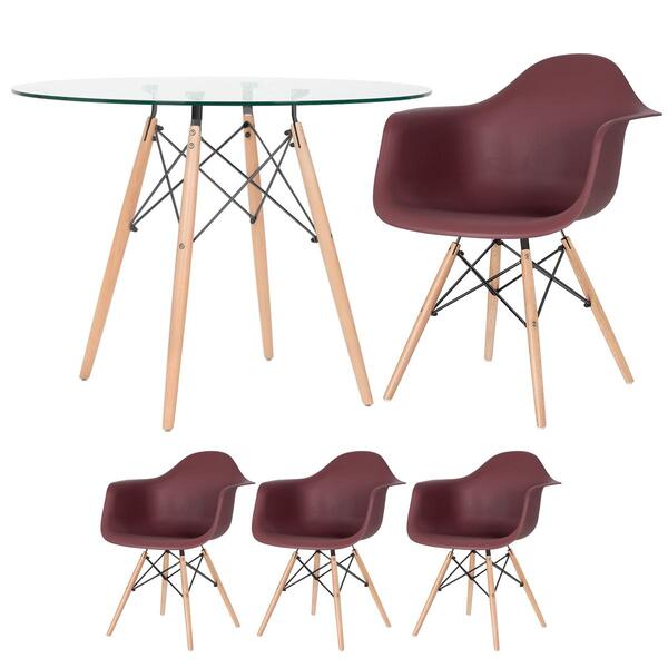Mesa Redonda Eames Com Tampo De Vidro 100 Cm + 3 Cadeiras Eif