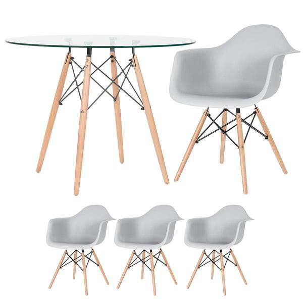 Mesa Redonda Eames Com Tampo De Vidro 100 Cm + 3 Cadeiras Eif