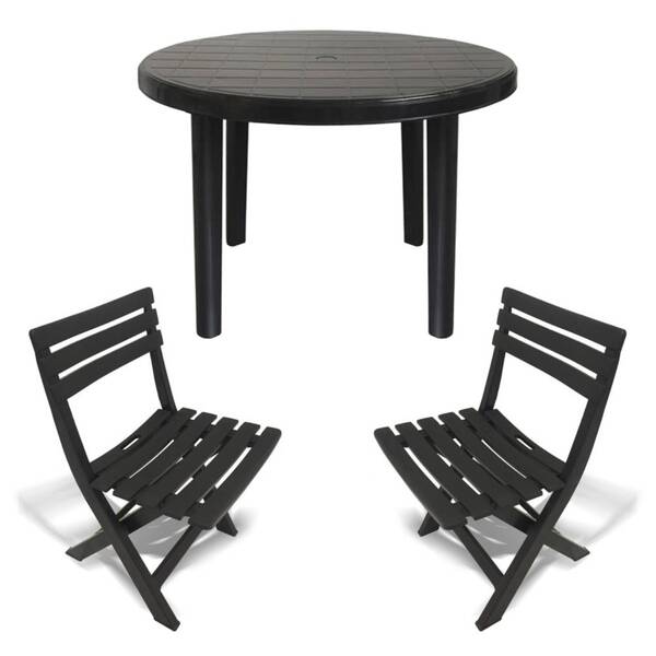 Mesa Redonda Plástico Desmontável 94cm Preta + 2 Cadeiras Dob