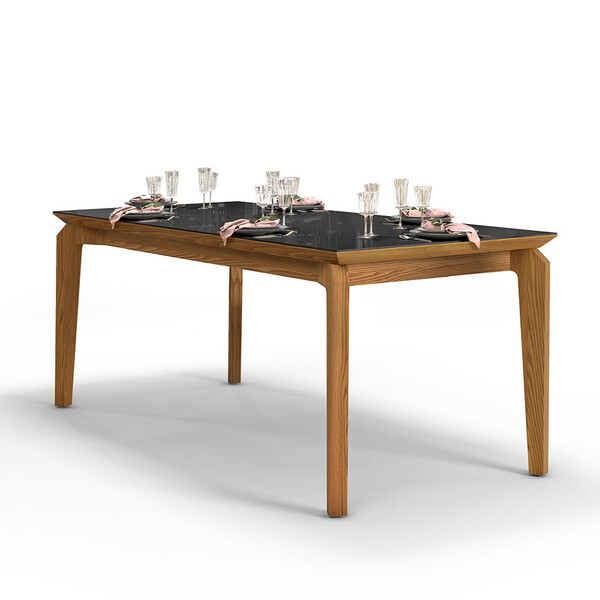 Mesa Rouge Tampo De Madeira Chanfrado Com Vidro Para 6 Lugare