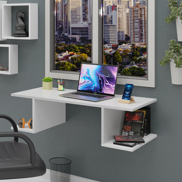 Mesa Suspensa Escrivaninha Computador 900x420 C/ Prateleiras