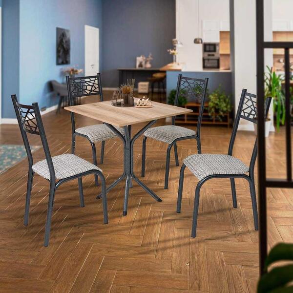 Mesa Tubular Com 4 Cadeiras Em Aço Preto Carvalho Com Estofad